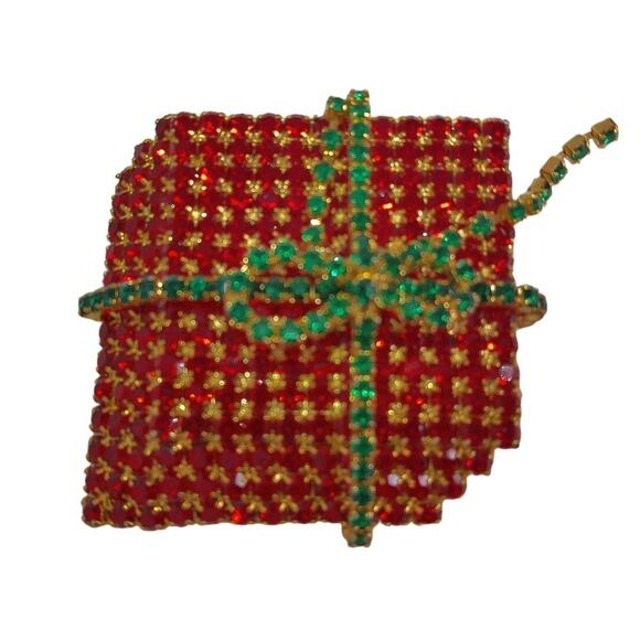 Vintage Christmas Present Gift Pin Brooch Red Rhinestones With Bow - Picture 6 of 6